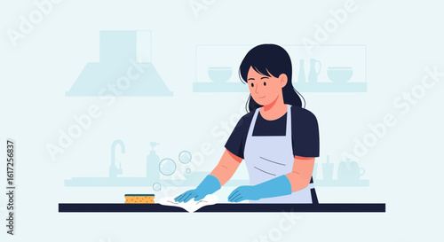 Woman Cleaning Kitchen Countertop Wearing Gloves And Apron In Vector Format