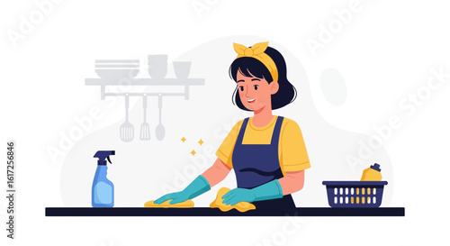 Woman cleaning kitchen counter with spray and cloth, vector illustration home cleaning service concept, cartoon of house cleaner vector design