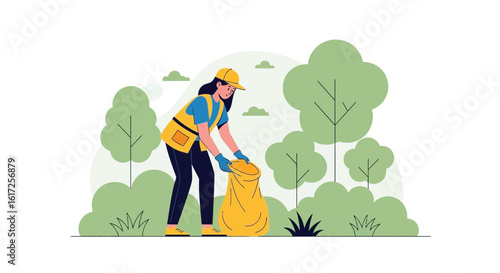 Woman cleaning the park and collecting waste in a bag to protect the environment