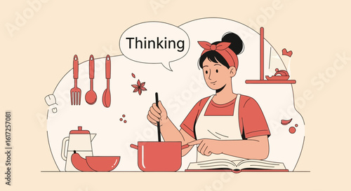 Woman Cooking New Culinary Creation While Considering Different Recipe Options