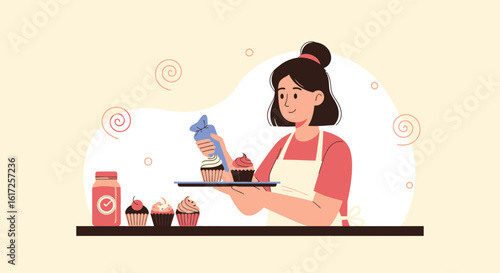 Woman Decorating Cupcakes With Cream At Home Dessert Preparation Moment