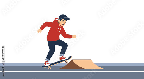 Skateboarder Jumping On Ramp In A Skate Park During The Day Vector Illustration