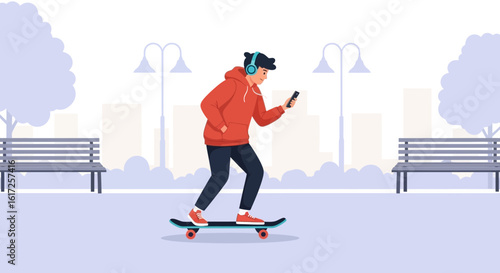 Skateboarding Man With Headphones Enjoying Music And Using Smartphone In The Park