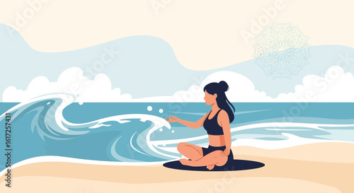 Woman Doing Yoga Asana Exercise And Meditation At Beach Summer Time