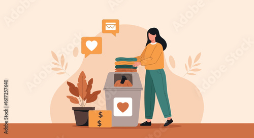 Woman Donate Clothes To Charity Organization Symbolizing Goodwill And Generosity