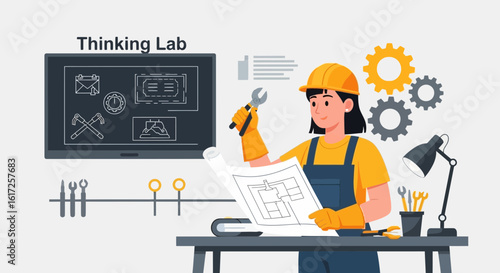 Woman Engineer Blueprint Studying Construction Innovative Thinking With Tools