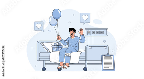 Smiling Patient In Hospital Bed Celebrating Recovery With Balloons And Present