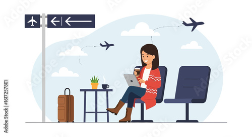 Woman Enjoying Coffee While Working On Laptop At Airport Waiting Area