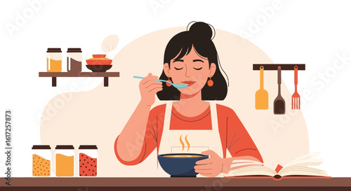 Woman enjoying homemade soup, a delightful moment of culinary satisfaction and cooking