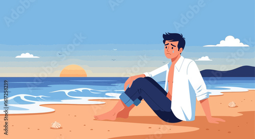Sorrowful Man Contemplates Loss While Sitting On Remote Beach At Sunrise