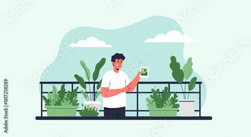 Sorrowful Regret Man Remembering Nostalgic Moment on Balcony Surrounded by Plants