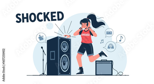 Startled Teenager Reacts To Loud Music Coming From The Speakers Volume Blasted