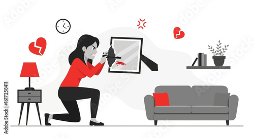 Woman Expressing Anger By Destroying Picture Frame After Relationship Failure