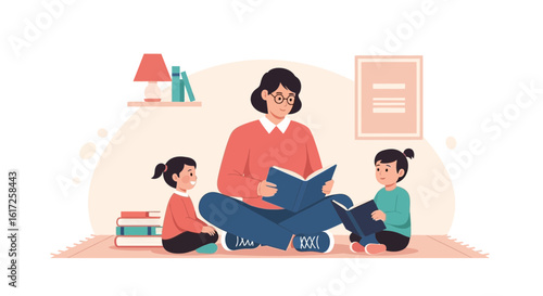 Story Time With Teacher And Children Sharing The Joy Of Reading Book
