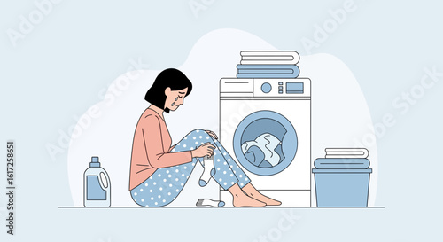 Woman feeling upset after doing laundry, dealing with missing socks and laundry frustrations in a modern house setting