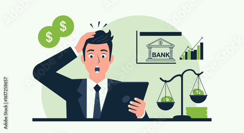 Stressed businessman analyzing financial data with unexpected money issues and investments
