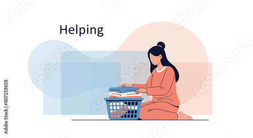 Woman folding clothes in a basket, illustrating household chores with care and precision