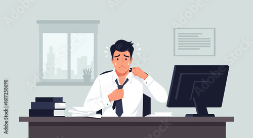 Stressed Employee At The Workplace During A Hot Day Needs Relaxation