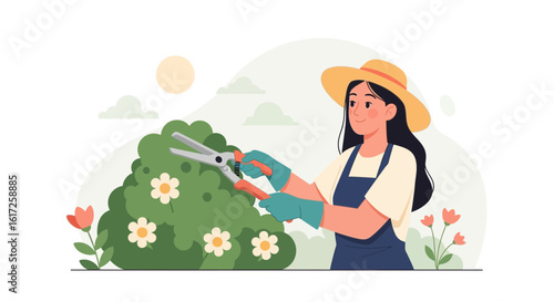Woman Gardener Pruning a Bush on a Sunny Day with Garden Shears