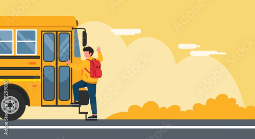 Student Boarding School Bus Heading to Class On Sunny Morning