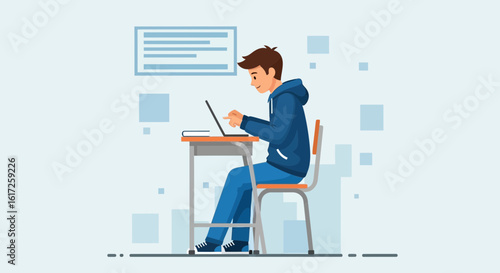 Student Concentrating At His Desk While Studying Or Working On Laptop