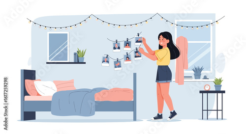 Student Decorating Dormitory Wall With Memories And Garland Lights At Dorm