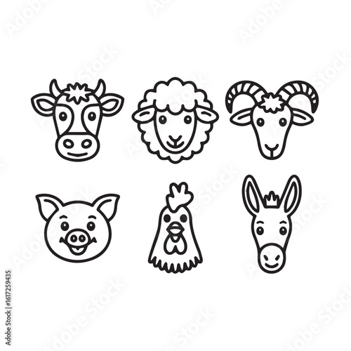 Hand-Drawn Farm Animal Head Icons — Whimsical Faces of Cow, Sheep, Goat, Pig, Rooster, and Donkey in Minimal Outline Style