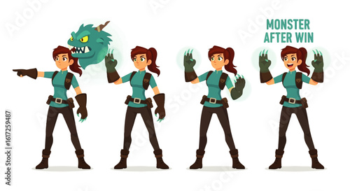 Cartoon Woman Transforming into Monster, Posing in Different Stages