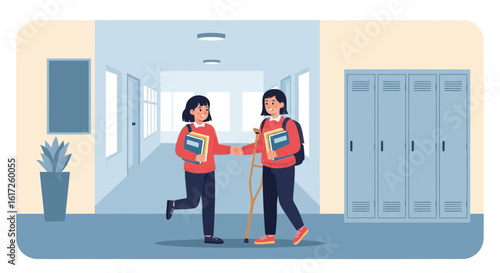 Students Congratulating And Welcoming Friend Back To School After Injury