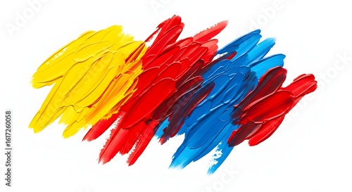 Expressive brushstrokes of primary colors. Abstract background with yellow, red, and blue acrylic paint texture isolated on white.