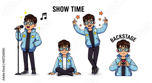 Cheerful Young Performer in Star-Spangled Jacket with Microphone and Musical Notes