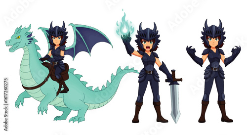 Cartoon Knight Character in Dark Armor with Dragon and Magic