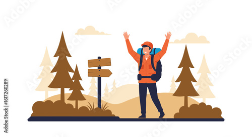 Successful Hiker Celebrates Hiking Adventure Reaching Destination In Scenic Forest