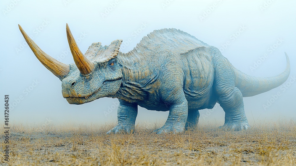 Fototapeta premium Majestic Blue Ceratopsian with Golden Horns in Ethereal Fog