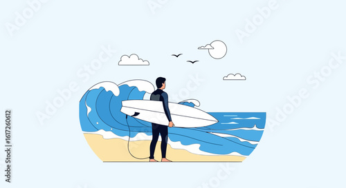 Surfer Ready To Ride A Minimalist Ocean Wave Illustration Scene