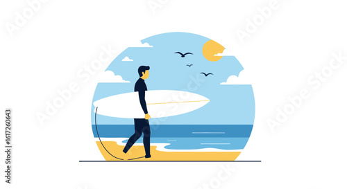 Surfer Stroll on the Beach: Summer Vibes and Coastal Lifestyle Illustration