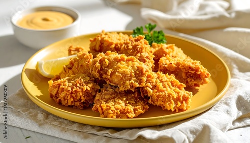 Cornflake‑Crusted Chicken with Dipping Sauce on Muted Yellow Plate and Linen Napkin in Diffused Daylight