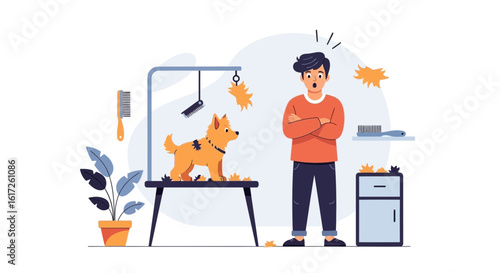Surprised Groomer Facing Dog Grooming Mess on Table Cartoon Illustration