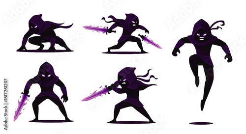Five Dynamic Poses of a Shadowy Warrior with Glowing Purple Swords