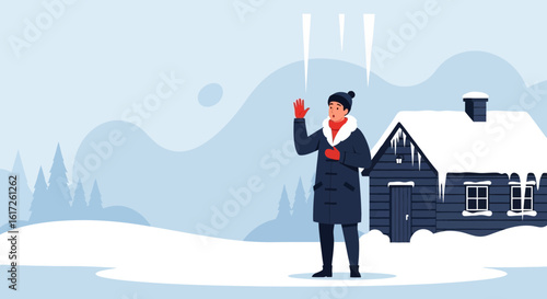 Surprised man in winter outdoor scene with icicles and snow covered house illustrates seasonal hazards