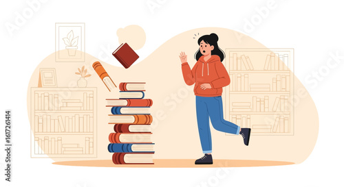 Surprised Student Watches as Books Fall from Tower at the Library