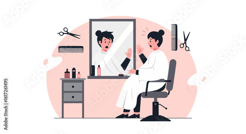 Surprised Woman At Hair Salon Looking In The Mirror After Haircut