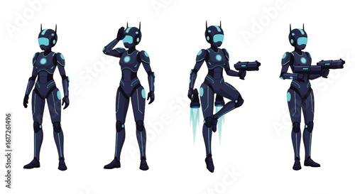 Futuristic Female Robot in Various Poses, Armed and Ready