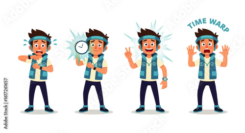 Cartoon boy character set in a blue vest, showing various poses and emotions related to time travel and a time warp.