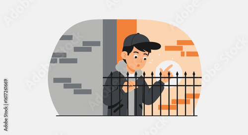 Surprised Youngster Points Beyond The Fence In Urban Setting Illustration
