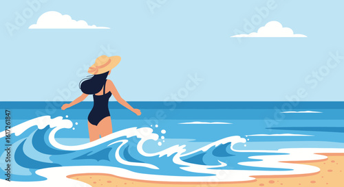 Woman in Swimsuit Enjoying the Ocean Waves, Illustration of Summer Vacation