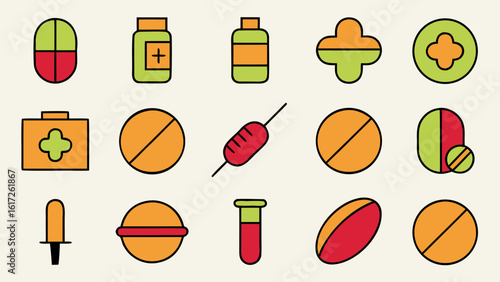 Vibrant collection of pharmaceutical and healthcare symbols featuring medical cross pill syringe and stethoscope in bright eye catching colors for health related projects