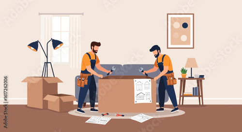 Team Assembling Furniture For New Apartment Moving In Together Concept