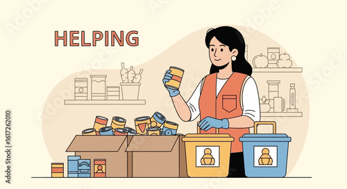 Woman Is Volunteering to Sort Food Donation for Those In Need Charity Concept