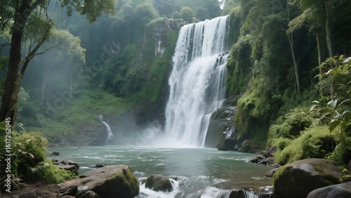 waterfall in the forest, nature's beauty with this stunning waterfall cascading into a serene pool, surrounded by lush greenery.